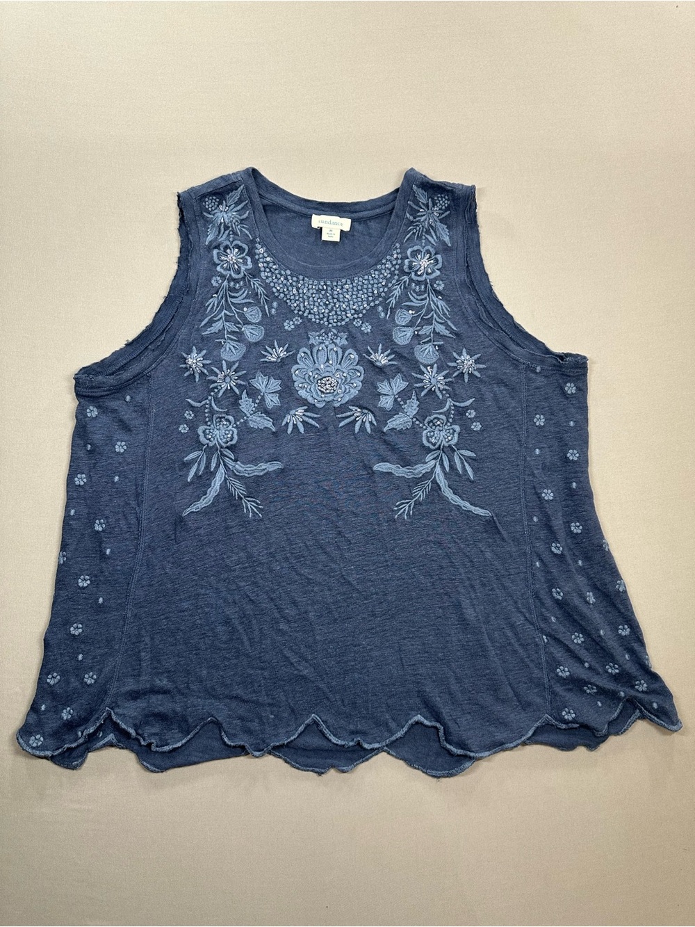 Sundance Flowy Embroidered Linen Tank Top, Scalloped Hem - Womens Medium